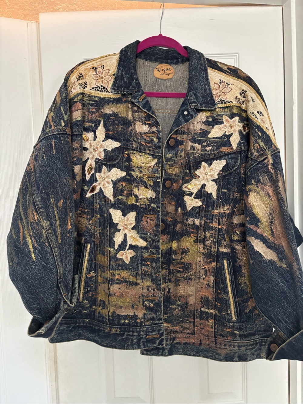 Vintage- Floral Appliqué Upcycled Denim Jacket